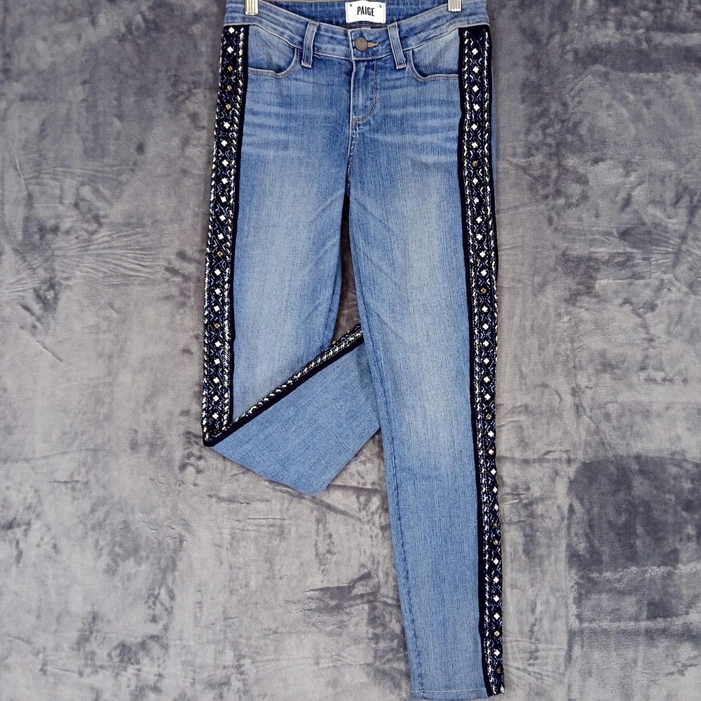 Paige Verdugo Ankle Jeans Womens 26 Blue Embellished‎ Beaded Side Stripe Skinny